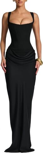 Yknktstc Women's Corset Maxi Dress Lace Up Back Mermaid Evening Gown | draped formal evening dress, for wedding guest party cocktail banquet prom , slim fit silhouette, soft stretch fabric in Saudi Arabia