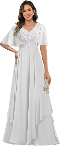Short Sleeve Mother of The Groom Dresses for Women V Neck Lace Applique Mother of Bride Dress in Kuwait