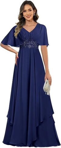 Short Sleeve Mother of The Groom Dresses for Women V Neck Lace Applique Mother of Bride Dress in Kuwait