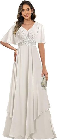 Short Sleeve Mother of The Groom Dresses for Women V Neck Lace Applique Mother of Bride Dress in Kuwait