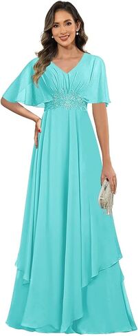 Short Sleeve Mother of The Groom Dresses for Women V Neck Lace Applique Mother of Bride Dress in Kuwait