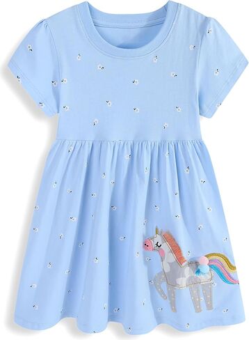 Hongshilian Girls Spring Summer Dress Toddler Girls Cotton Casual Dress Cute Cartoon Appliques Short Sleeve Playwear 2-8Y in Saudi Arabia