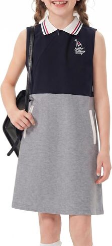 Girls Polo Dress Sleeveless Color Block Casual Tank Sundress with Pockets Summer Uniform Dress for Teens 5-15Y in Saudi Arabia