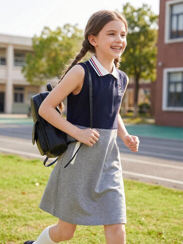Girls Polo Dress Sleeveless Color Block Casual Tank Sundress with Pockets Summer Uniform Dress for Teens 5-15Y in Saudi Arabia