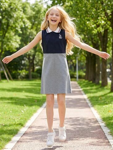 Girls Polo Dress Sleeveless Color Block Casual Tank Sundress with Pockets Summer Uniform Dress for Teens 5-15Y in Saudi Arabia