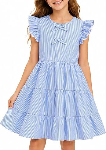 Girls Striped Dresses Flutter Sleeve Tiered Sundress with Bows Summer Beach Dress in Saudi Arabia