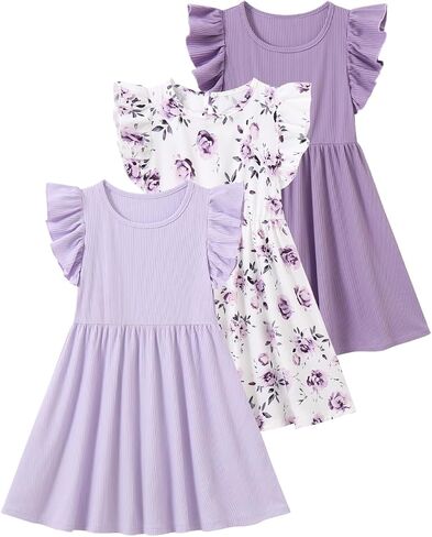 3 Pack Girls Summer Dress Floral Dresses Flutter Sleeve Sundress Kids Casual Dresses for Beach Party 3-14 Years in Saudi Arabia