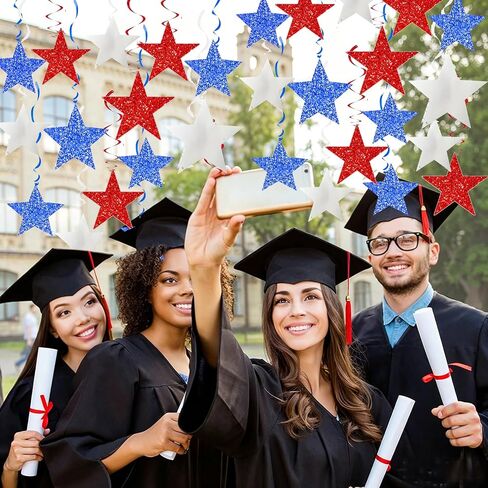 4th of July Decorations Red White Blue/Graduations Party Decorations Red Blue/Patriotic Hanging Star Streamers, Red White Blue Glitter Stars with Swirls, Memorial Day Veterans Day in Saudi Arabia