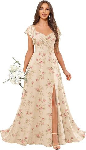 Women's Chiffon Bridesmaid Dresses for Wedding A Line Short Ruffle Sleeve Formal Dress in Saudi Arabia