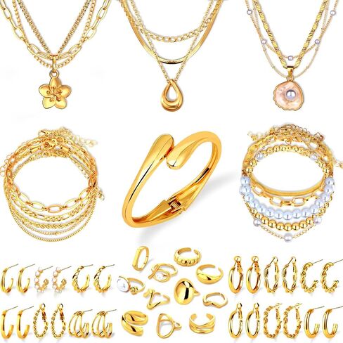 Jewelry Set for Women with Multi Layer Necklaces Bracelets Hoop Earrings Set Stackable Knuckle Rings, 14k Gold Plated Jewerly Set for Everyday Styling and Gifting in Kuwait