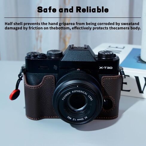 Bowan X-T30 Camera Case, Handmade Genuine Real Leather Half Camera Case Bag Cover for Fujifilm Fuji X-T20 X-T10 Camera Bottom Opening Version + Hand Strap(Blue) in Saudi Arabia