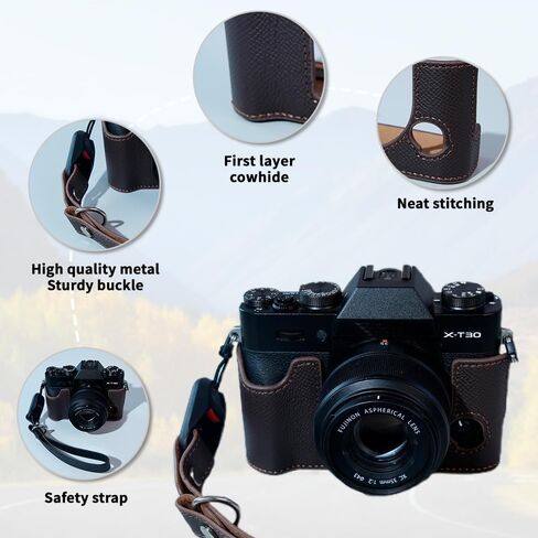 Bowan X-T30 Camera Case, Handmade Genuine Real Leather Half Camera Case Bag Cover for Fujifilm Fuji X-T20 X-T10 Camera Bottom Opening Version + Hand Strap(Blue) in Saudi Arabia