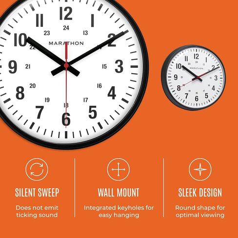 MARATHON Commercial Grade 10-Inch Silent Continuous-Sweep Analog Wall Clock with 12/24-Hour Markers, Large Easy-to-Read Numbers, Black in Kuwait