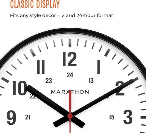 MARATHON Commercial Grade 10-Inch Silent Continuous-Sweep Analog Wall Clock with 12/24-Hour Markers, Large Easy-to-Read Numbers, Black in Kuwait