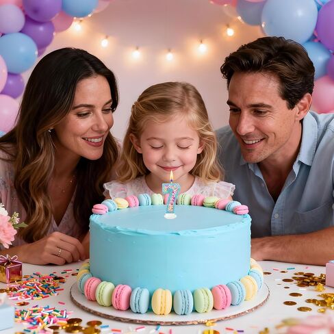 شمعة عيد ميلاد رقم 7 مع حافة لامعة زرقاء وخرز ملون معكرون، قطعة علوية لكعكة الحفلات للأطفال والبنات لتزيين كعكة عيد الميلاد in Saudi Arabia