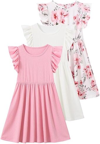3 Pack Girls Summer Dress Floral Dresses Flutter Sleeve Sundress Kids Casual Dresses for Beach Party 3-14 Years in Saudi Arabia