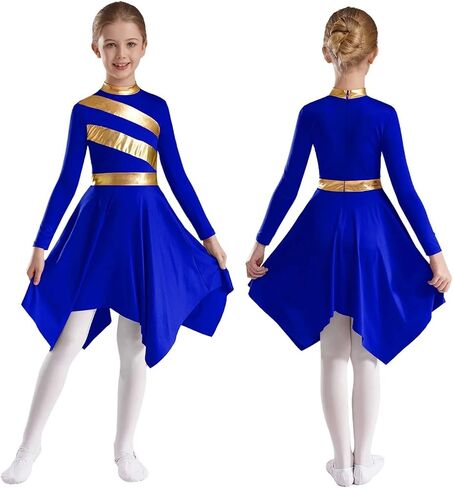 Praise Dance Dresses for Women Kids Girls Praise Lyrical Dance Dress Church Choir Worship Long Sleeve Asymmetrical Hem Gown(Blue,14) in Saudi Arabia
