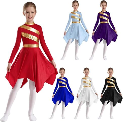 Praise Dance Dresses for Women Kids Girls Praise Lyrical Dance Dress Church Choir Worship Long Sleeve Asymmetrical Hem Gown(Blue,14) in Saudi Arabia