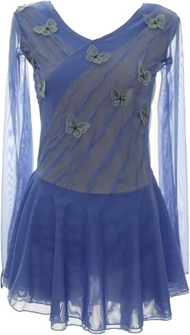 Ice Skating Dress for Women Mesh Long Sleeve Gradient Shiny Sequins Flowy Skirt Stage Performance Wear in Kuwait