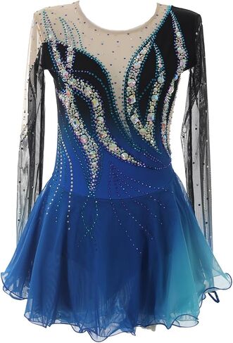 Adult Figure Skating Dress Round Neck Long Sleeve Shiny Sequins Flowy Skirt Stage Performance Wear Custom in Kuwait