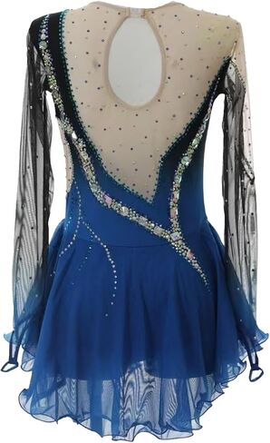 Adult Figure Skating Dress Round Neck Long Sleeve Shiny Sequins Flowy Skirt Stage Performance Wear Custom in Kuwait