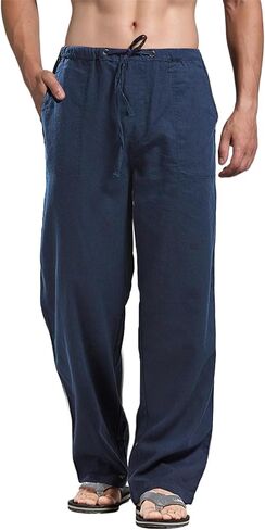 perdontoo Mens Casual Cotton Linen Pants Elastic Waist Drawstring Straight Summer Beach Pants (X-Large, Blue) in Saudi Arabia