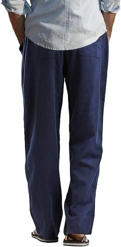 perdontoo Mens Casual Cotton Linen Pants Elastic Waist Drawstring Straight Summer Beach Pants (X-Large, Blue) in Saudi Arabia