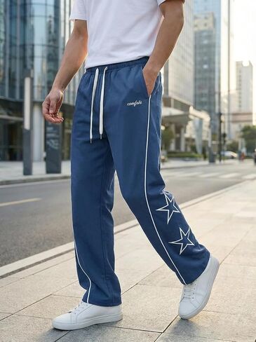 Men's Casual Pants Wide Leg Star Embroidery Baggy Pant with Pocket in Kuwait