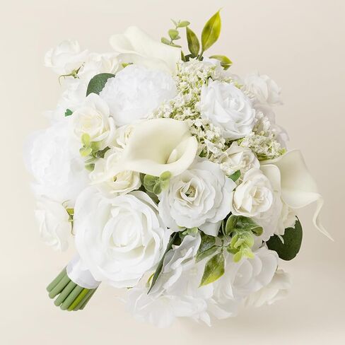 Wedding Bouquets for Bridesmaids, White Artificial Rose Flowers, Silk Bouquet Set for Bride, Church Ceremony Wedding Decoration (7‘’) in Saudi Arabia