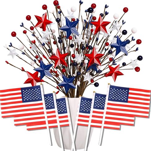 PARTY TONIGHT 4 Pcs 4th of July Patriotic Artificial Berry Stem Picks Red White Blue Stars and 6 Pcs Flags, for Independence Day Home Office Arrangement Table Centerpieces Restaurant Vase Décor in Saudi Arabia