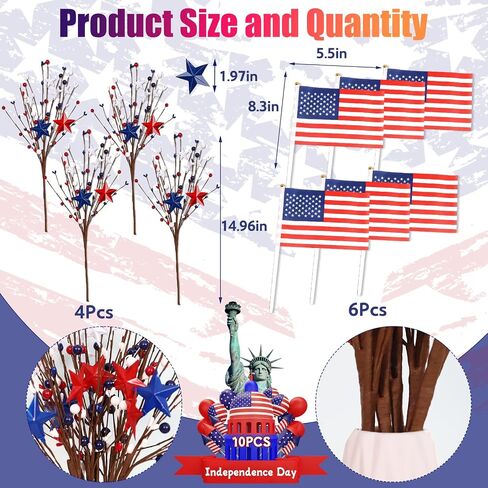 PARTY TONIGHT 4 Pcs 4th of July Patriotic Artificial Berry Stem Picks Red White Blue Stars and 6 Pcs Flags, for Independence Day Home Office Arrangement Table Centerpieces Restaurant Vase Décor in Saudi Arabia