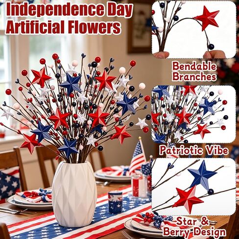 PARTY TONIGHT 4 Pcs 4th of July Patriotic Artificial Berry Stem Picks Red White Blue Stars and 6 Pcs Flags, for Independence Day Home Office Arrangement Table Centerpieces Restaurant Vase Décor in Saudi Arabia