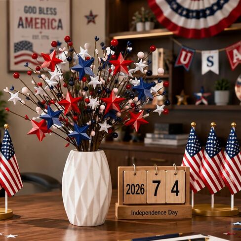 PARTY TONIGHT 4 Pcs 4th of July Patriotic Artificial Berry Stem Picks Red White Blue Stars and 6 Pcs Flags, for Independence Day Home Office Arrangement Table Centerpieces Restaurant Vase Décor in Saudi Arabia