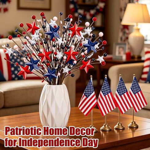 PARTY TONIGHT 4 Pcs 4th of July Patriotic Artificial Berry Stem Picks Red White Blue Stars and 6 Pcs Flags, for Independence Day Home Office Arrangement Table Centerpieces Restaurant Vase Décor in Saudi Arabia