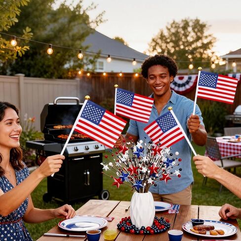 PARTY TONIGHT 4 Pcs 4th of July Patriotic Artificial Berry Stem Picks Red White Blue Stars and 6 Pcs Flags, for Independence Day Home Office Arrangement Table Centerpieces Restaurant Vase Décor in Saudi Arabia