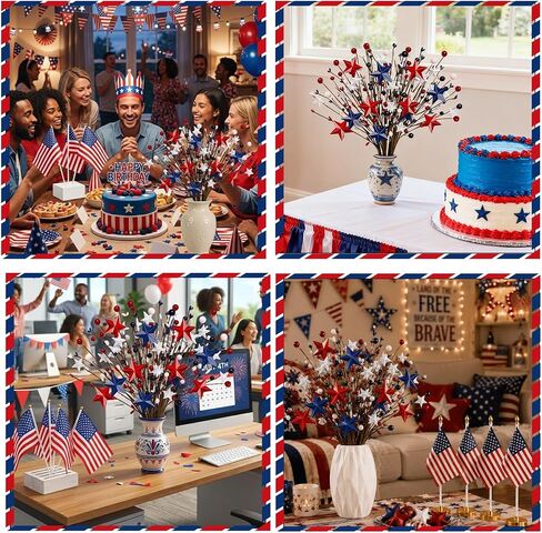 PARTY TONIGHT 4 Pcs 4th of July Patriotic Artificial Berry Stem Picks Red White Blue Stars and 6 Pcs Flags, for Independence Day Home Office Arrangement Table Centerpieces Restaurant Vase Décor in Saudi Arabia