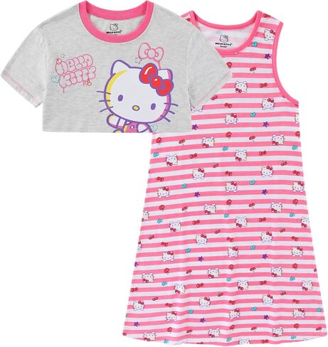 Hello Kitty Sanrio Girls Short Sleeve Shirt and Sleeveless Dress 2 Piece Set for Big Kids in Kuwait