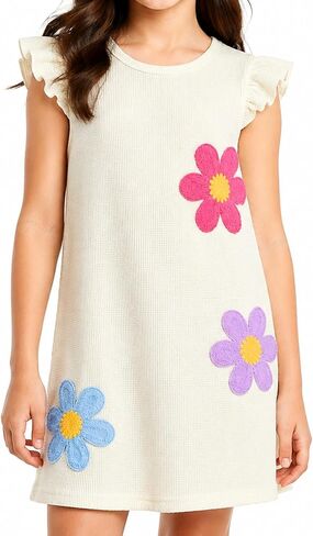 Girls Waffle Knit Dresses Retro Daisy Flutter Sleeve Sundress Summer Beach Shift Dress in Saudi Arabia