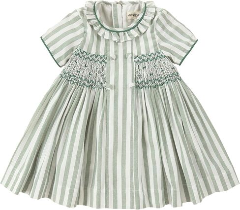 Twoflower Girls Hand-Smocked Dress - Sage Green Striped Vintage Boutique Outfit - Traditional Embroidery in Saudi Arabia