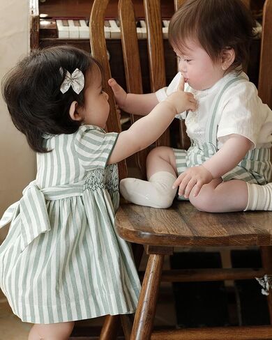 Twoflower Girls Hand-Smocked Dress - Sage Green Striped Vintage Boutique Outfit - Traditional Embroidery in Saudi Arabia