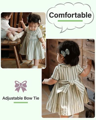 Twoflower Girls Hand-Smocked Dress - Sage Green Striped Vintage Boutique Outfit - Traditional Embroidery in Saudi Arabia