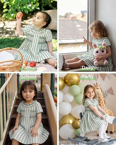 Twoflower Girls Hand-Smocked Dress - Sage Green Striped Vintage Boutique Outfit - Traditional Embroidery in Saudi Arabia