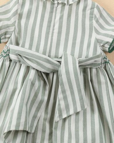 Twoflower Girls Hand-Smocked Dress - Sage Green Striped Vintage Boutique Outfit - Traditional Embroidery in Saudi Arabia