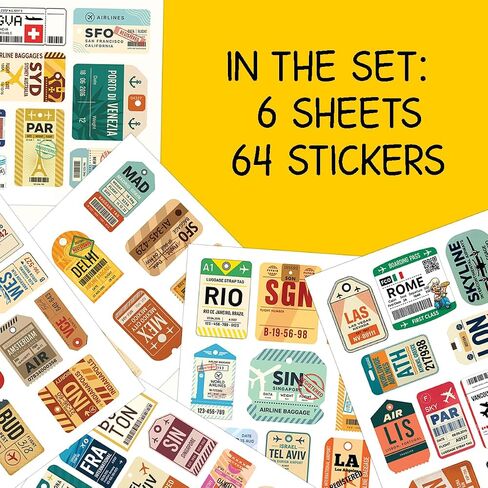 64PCS Travel Airport Tag Stickers – Vintage Destination Labels for Luggage, Laptop, Scrapbooking & Travel Journal Decor in Kuwait