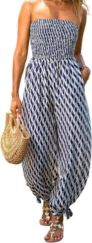 CUPSHE Women's Strapless Tube Top Jumpsuit Boho Printed Smocked Wide Leg Jumpsuit Summer Beach Vacation Romper with Pockets in Kuwait