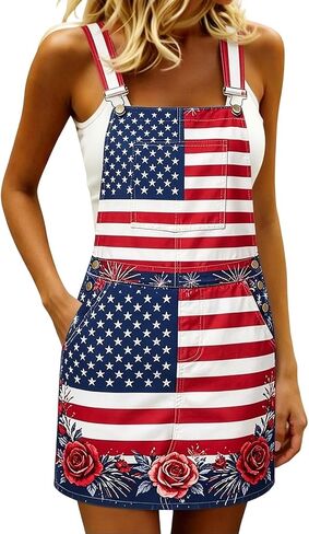 American Flag Overall Dress for Women 4Th of July Outfits Summer Adjustable Straps Patriotic Bib Overalls with Pockets 2026 in Kuwait