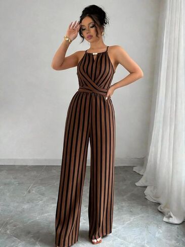 Women's Striped Halter Jumpsuit, High Waist Wide Leg Romper for Party & Casual Wear in Kuwait
