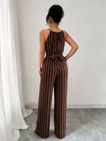 Women's Striped Halter Jumpsuit, High Waist Wide Leg Romper for Party & Casual Wear in Kuwait