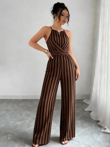 Women's Striped Halter Jumpsuit, High Waist Wide Leg Romper for Party & Casual Wear in Kuwait