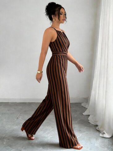 Women's Striped Halter Jumpsuit, High Waist Wide Leg Romper for Party & Casual Wear in Kuwait